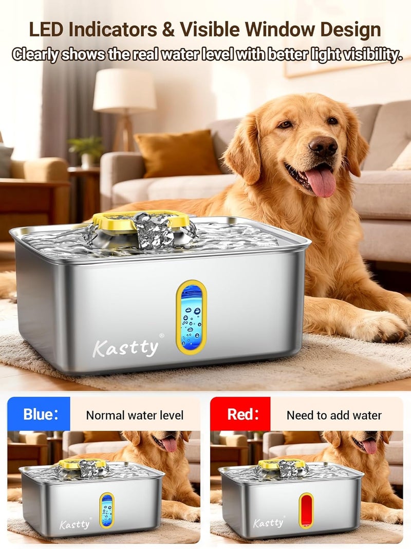 Kastty 4 Gal Dog Water Fountain for Large Dogs, 15L Stainless Steel Pet Water Fountain, QuietTriple Filtration Dog Water Bowl Dispenser with Water Level Window and LED Light Easy Clean(FS78,Yellow) - Image 5